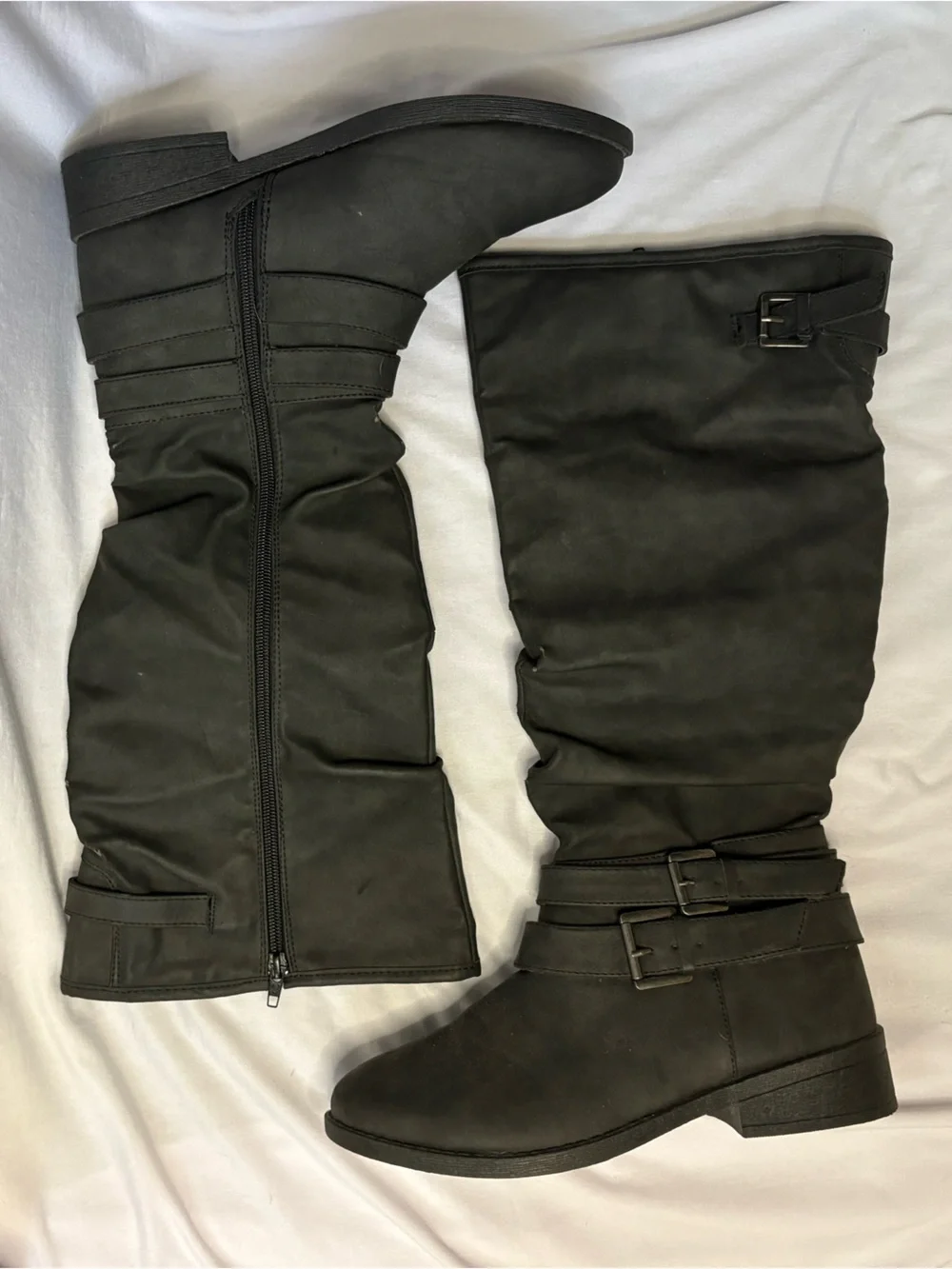Women’s Grey Knee-High Buckle Boots
